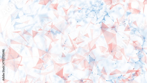 Red and blue colored triangle shapes and network lines on white illustration background.