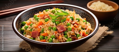 Bowl of rice with peas, carrots, and ham with chopsticks