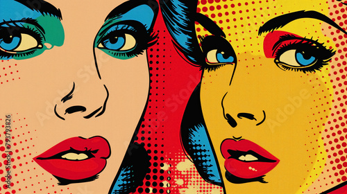 Faces of women in classic pop art style  with bold colors and dot patterns  portraying retro beauty.