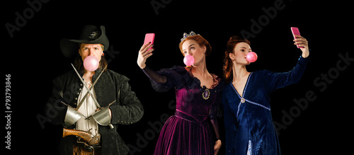 Εκτύπωση καμβά Creative collage of people dressed as brutal pirate and queens with bubblegum taking selfie against black studio background