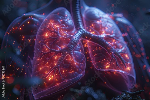 Minimal style 3D rendered lung highlighted with bright neon stripes, against a dark cosmic background, representing breathing in the digital age.