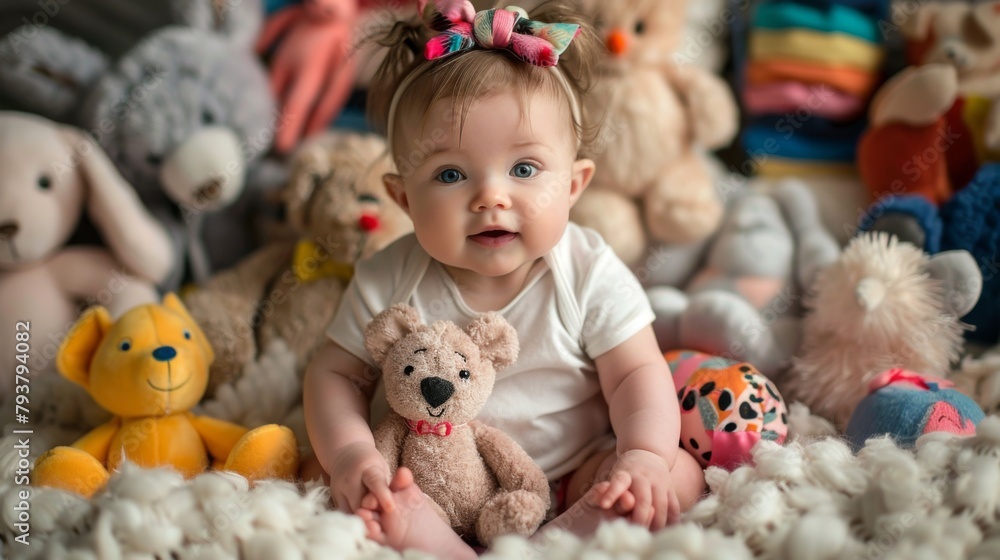 Sweet baby girl sitting on a soft blanket, surrounded by colorful toys and stuffed animals Sweet baby girl sitting on a soft blanket, surrounded by colorful toys and stuffed animals