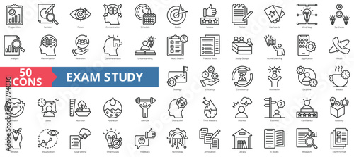 Exam study icon collection set. Containing preparation, revision, focus, concentration, schedule, goals, review, notes icon. Simple line vector.