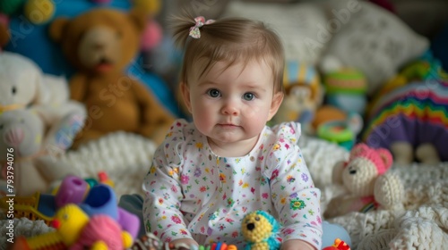Sweet baby girl sitting on a soft blanket, surrounded by colorful toys and stuffed animals
