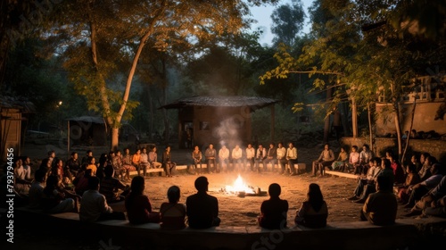 A diverse group of people sitting around a crackling fire pit, sharing stories and enjoying the warmth