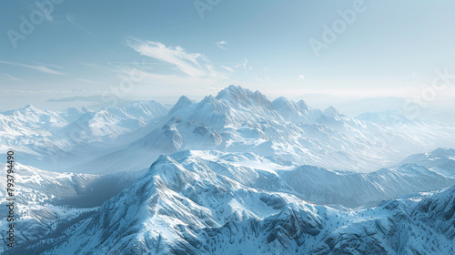 A breathtaking expanse of snow-capped mountains stretches into the horizon under a clear blue sky, embodying the tranquility of a winter wonderland.