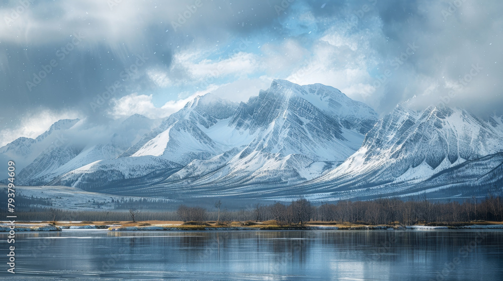 Gentle snowflakes fall over a serene winter lake, with majestic snow-covered mountains reflecting in the tranquil waters.
