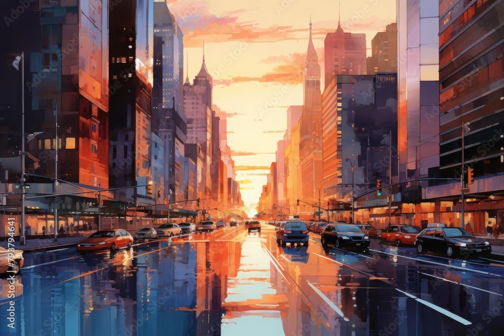 An oil painting of a rainy day in an urban city street with cars driving on the wet road and the sun reflecting off the buildings and the puddles on the street.