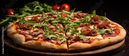 Delicious pizza with savory meat, melted cheese, and fresh arugula on wooden board