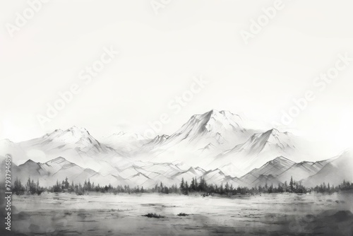 A black and white painting of snow capped mountains in the distance with trees in the foreground. photo