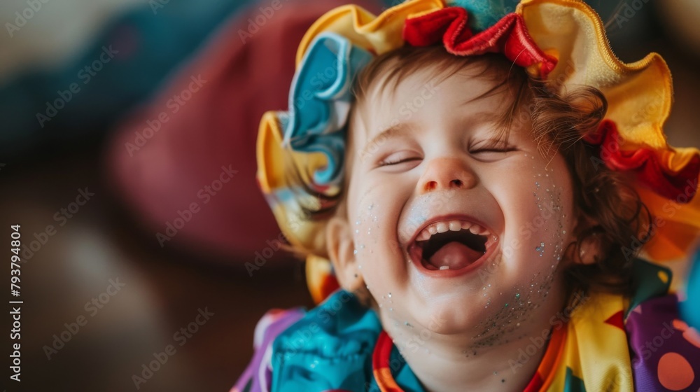 Toddler dressed in a cute costume, laughing joyfully during a playful dress-up session Toddler dressed in a cute costume, laughing joyfully during a playful dress-up session