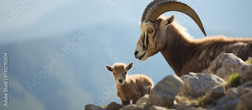 Two goats on rocky hill with mountain background