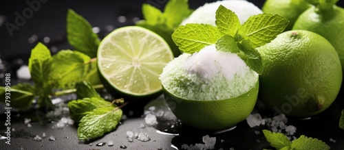 Limes, mint, ice on black surface