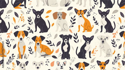 Cute pets pattern with different dogs. Vector illustration