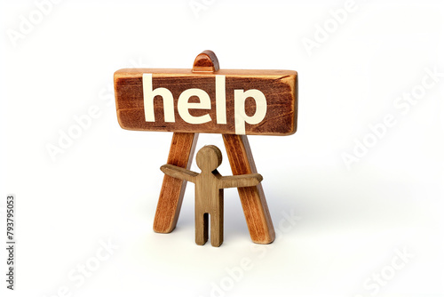wooden stand with wooden person with text "Help". Help Icon isolated on white background, support, chat