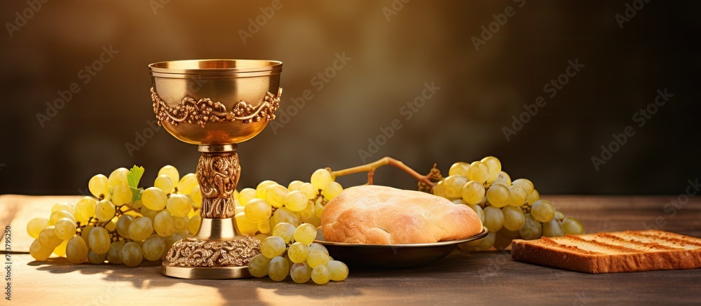 Obraz premium Close-up of golden goblet with grapes and bread