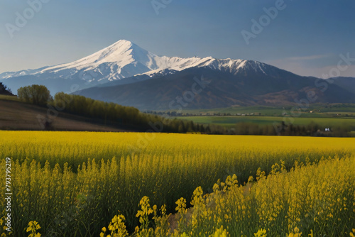 yellow rape flower field with nautre in the spring photo