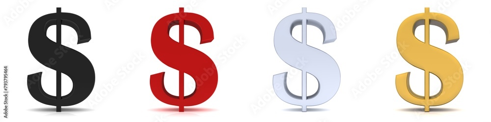 Dollar signs black red silver gold colored 3d render graphic illustration isolated on white background in high resolution for print and business Dollar signs black red silver gold colored 3d render graphic illustration isolated on white background in high resolution for print and business