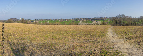 Panorama of the bucolic landscape around the Blegny mine with rolling hills, meadows and villages
