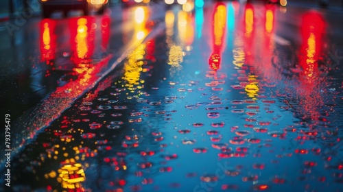 Traffic lights reflected on wet asphalt road after rain, adding ambiance to urban night scenes.