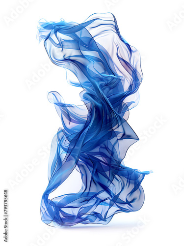 Beautiful silk organdie blue cloth fluttering in the wind on a white background