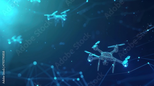 Digital wireframe of drones flying