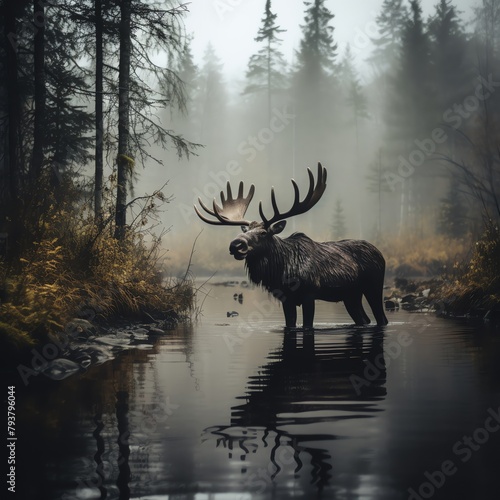 majestic moose  wading through a misty lake  in the early morning  atmosphere of solitude and wilderness  serene water photography style  avoid showing any recreational activities