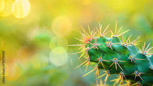 Closeup of green cactus thorns on blurred yellow 