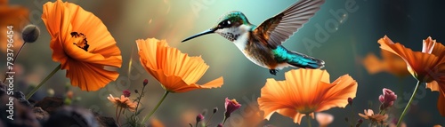 hummingbird, hovering near a bright flower, in a colorful garden, atmosphere of delicacy and speed, macro photography style, avoid showing artificial feeders photo