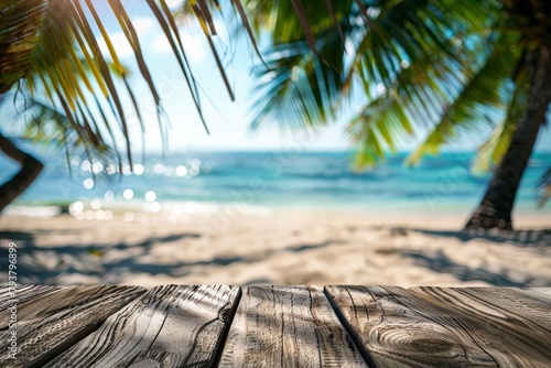 old wood table top on blurred beach background with coconut leaf. Concept Summer  Beach  Sea  Relax with generative ai