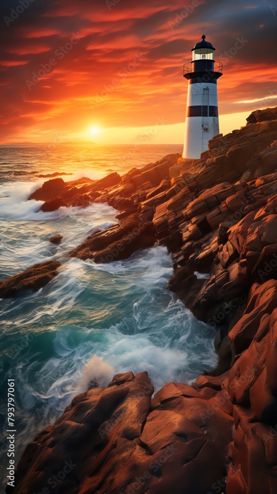 historic brick lighthouse, standing guard over a rugged coastline, at sunset, mood of guidance and safety, seascape photography style, avoid showing modern navigation aids