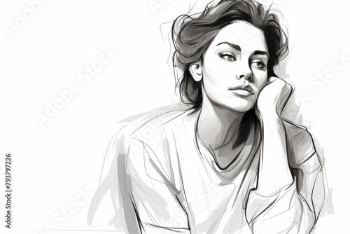 A woman is shown with her hand placed on her head, reflecting a thoughtful expression as she appears deep in contemplation