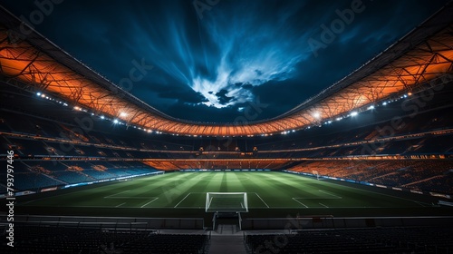 hightech sports stadium, with dynamic lighting and a retractable roof, during a major event, mood of excitement and community, action photography style, avoid showing empty seats © Phawika