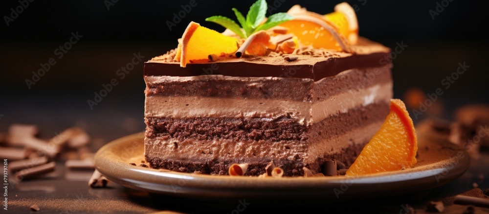 Chocolate cake slices with fresh oranges on a plate Chocolate cake slices with fresh oranges on a plate
