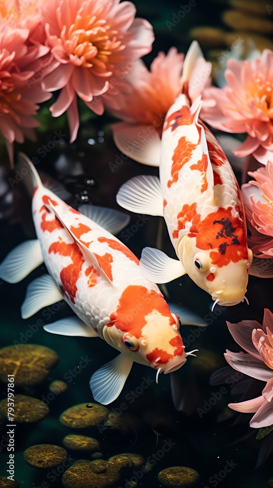 graceful koi fish, swimming smoothly in a crystalclear pond, in a tranquil garden, atmosphere of peace and serenity, underwater photography style, avoid showing artificial decorations