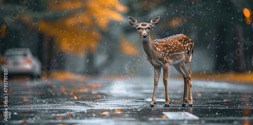Deer standing road rain photo