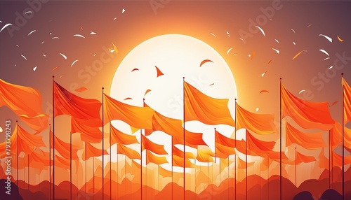 hundreds of hindu flags with white biggest sunrise