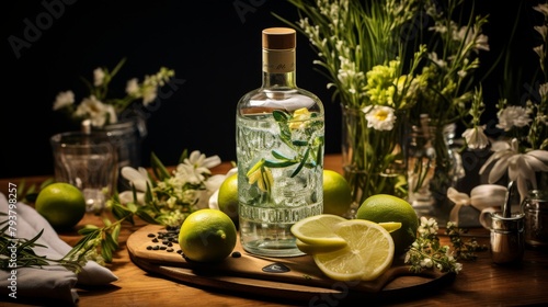 A bottle of gin surrounded by vibrant lemons and fresh flowers on a rustic table