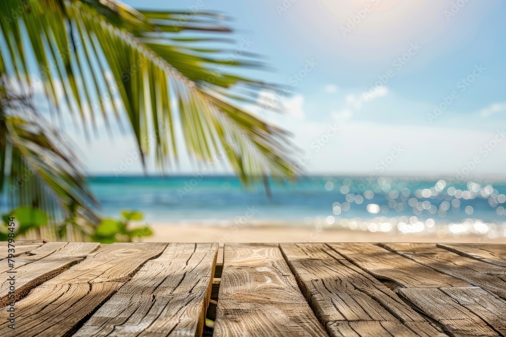 old wood table top on blurred beach background with coconut leaf. Concept Summer, Beach, Sea, Relax with generative ai