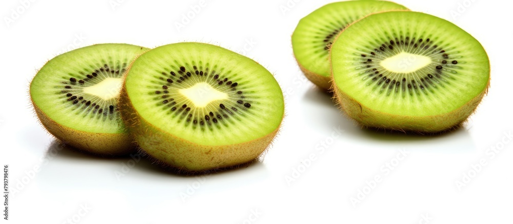 Fototapeta premium Three halved kiwis on white surface