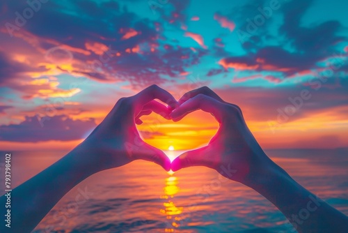 Hands create a heart shape against the setting sun.