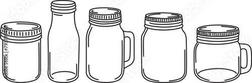 Set of  hand drawn mason jars. Contour sketch. Vector illustration in doodle style