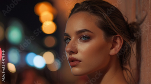 Close up portrait of beautiful young woman in 20s with glowy skin and perfect makeup for night out, with blurry bokeh lights in the background