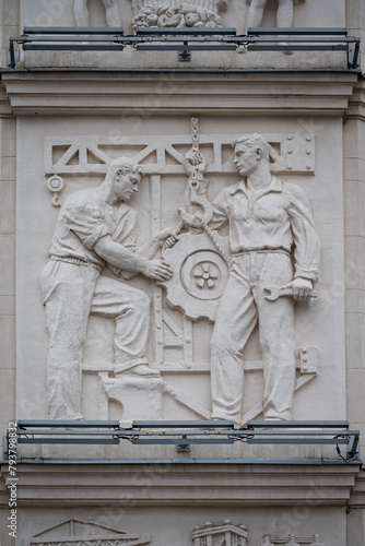 Bas-Relief on the building of construction workers in Moscow, Russia