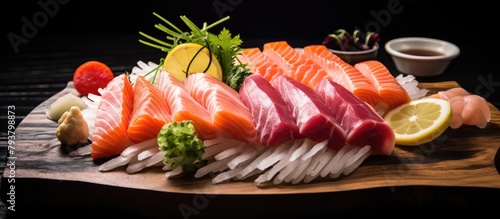 Plate of sashimi with lemon slice