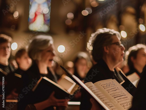 Choir singing hymns in church, harmonious voices rise up, praising in raw, vintage style.