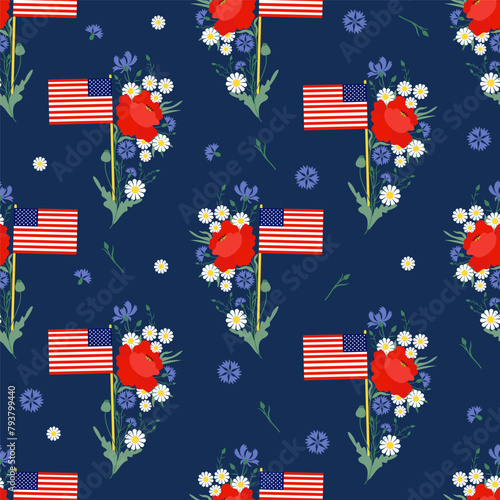 Memorial Day Seamless pattern. American flag with flowers red poppy, cornflowers and chamomile on blue background. Vector illustration for design of national holidays and independence day.