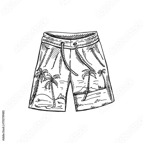 Hand-drawn sketch of beach shorts. Summer accessory isolated on white background. Vintage vector illustration in engraving style.