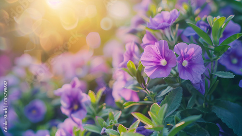 Closeup of mini purple flower under sunlight with copy space