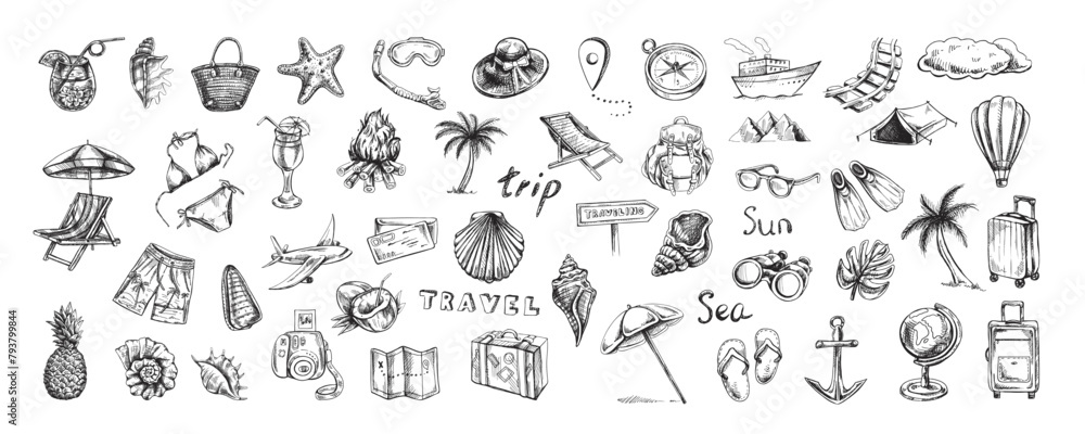 Hand-drawn sketch set of travel icons. Tourism and camping adventure icons. Сlipart with travelling elements, bags, transport, map, palm, seashells, bikini.